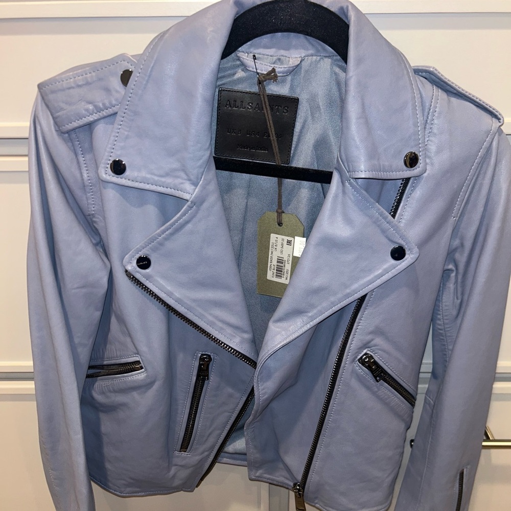 ALLSAINTS FERN Biker Leather Jacket NWT Size US 4 Color Flint Blue